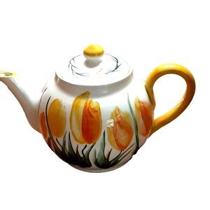 Vintage handcrafted teapot Vermont pottery signed sunny yellow tulips ceramic